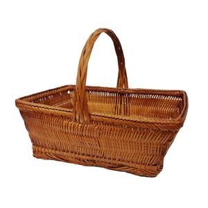 Antique Chinese Split Bamboo Handmade Woven Gathering Basket with Handle 14"